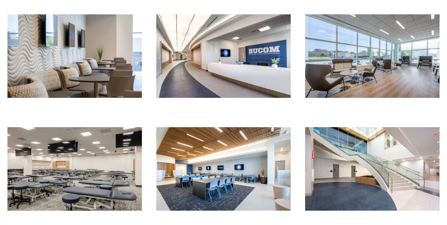 A collage of six interior photos of the BUCOM (Baptist University College of Osteopathic Medicine) facility. Images include: a modern lounge area with wall-mounted TVs and patterned seating; a sleek front desk with BUCOM signage; a sunlit seating area with large windows; a spacious classroom with multiple exam tables; a collaborative study space with blue chairs and wood-accented ceiling; and a grand staircase with glass railings in an open, contemporary hallway.